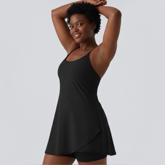 HALARA Black Mini Athletic Dress with Built-In Shorts – Spaghetti Straps NWT L - Picture 2 of 2